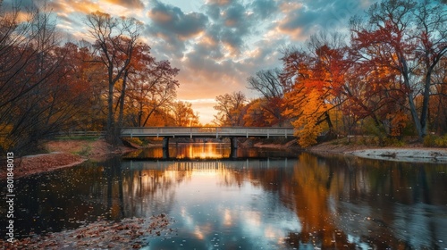 City Bridge at Sunset with Autumn Foliage Reflecting