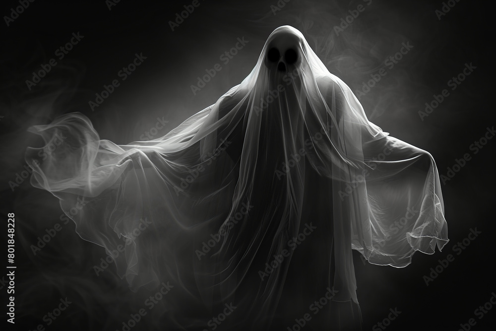 Realistic ghost, phantom silhouette on black background. Halloween spooky monster, scary spirit or poltergeist flying in night. Realistic ghost, phantom silhouette on black background. Halloween spooky monster, scary spirit or poltergeist flying in night.