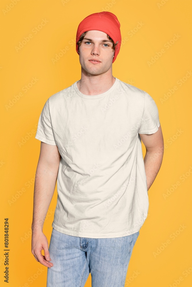 Handsome man in t-shirt and beanie hat