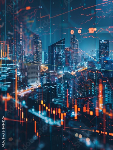 Double exposure of business chart and cityscape background. Investment and trading concept. Trading market and economic concept  AI Generated hyper realistic 