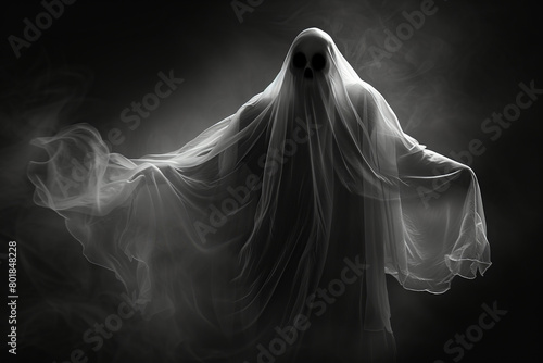 Realistic ghost, phantom silhouette on black background. Halloween spooky monster, scary spirit or poltergeist flying in night. photo