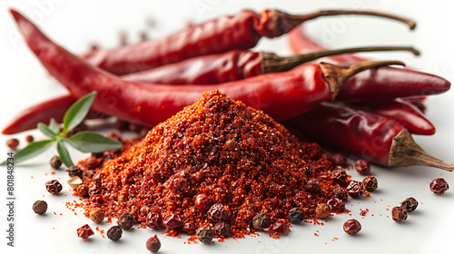 Indian red chili powder spices in a bowl  with dried chilies photo