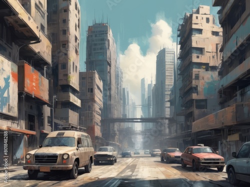 21st century city with modern vehicles as background artful painting style illustration with grungy brush stroke texture