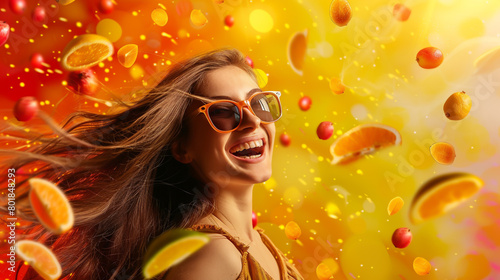 A beautiful woman with sunglasses is smiling and having fun  surrounded by flying fruits against a background