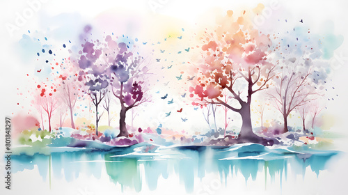 Fototapeta Naklejka Na Ścianę i Meble -  Digital watercolor natural spring landscape abstract graphic poster web page PPT background