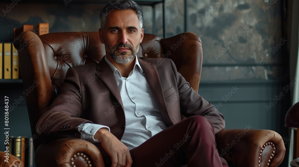 Handsome and successful businessman sits in a leather armchair at office room. copy space for text.