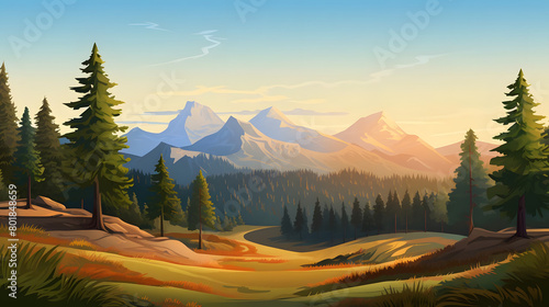 Morning Light on the Mountain, Pine Forest Vista, Realistic Mountains Landscape. Vector Background