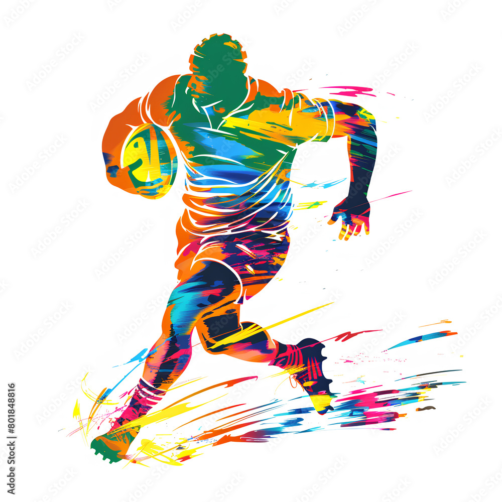 Dynamic Watercolor Rugby Player in Action on White Background