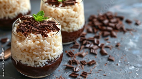 Gourmet Layered Chocolate and Rice Pudding Dessert in Elegant Glasses. Horizontal banner with copy space