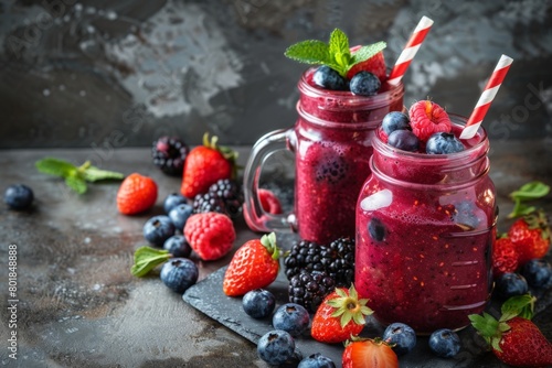 Refreshing Homemade Berry Smoothies in Mason Jars with Fresh Berries and Mint Garnish. Horizontal banner with copy space