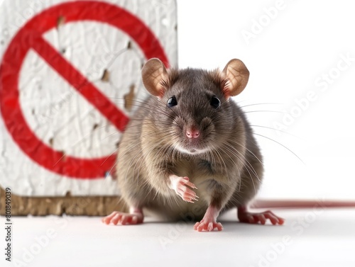 rat on white background, prohibition sign in the background. concept of rat extermination 