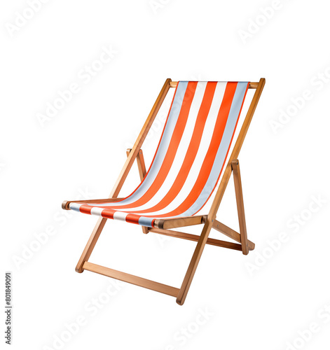 Red and white striped deck beach chair  classic design with wooden frame  isolated on transparent background. Generative AI