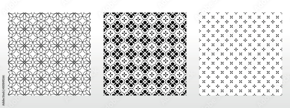 Geometric floral set of seamless patterns. White and black vector backgrounds. Damask graphic ornaments.