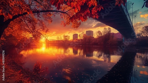 City Bridge at Sunset with Autumn Foliage Reflecting