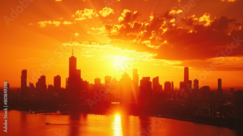 Vibrant Urban Skyline at Dawn.  International Sun Day  the importance of solar energy  Sun   s contributions to life on Earth.