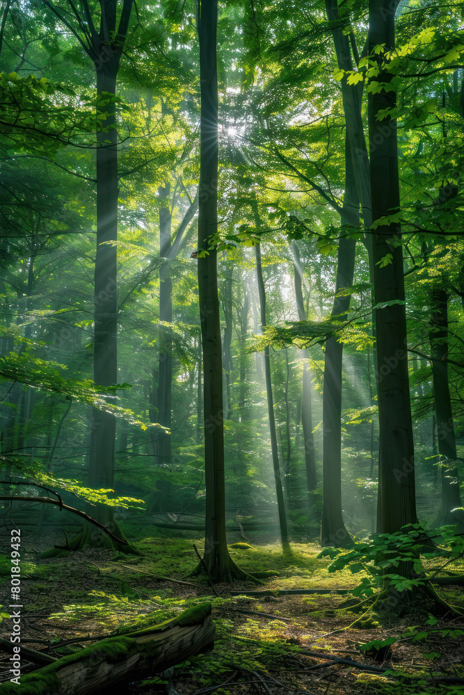 Obraz premium Sunlit Forest Clearing with Beams., International Sun Day, the importance of solar energy, Sun’s contributions to life on Earth.