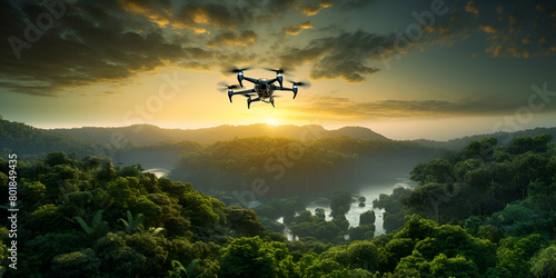 Drone flying to take photo a nature mountains at sunset with evening background
 photo