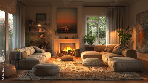 Cozy Living Room Intimate Space: A 3D illustration showcasing the intimate space of a cozy living room