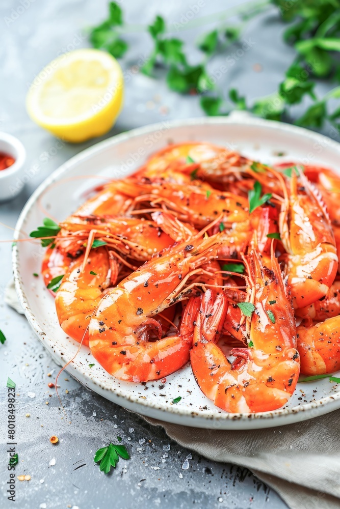 Boiled Shrimps Served on a White Plate With Lemon and Herbs Outdoors Boiled Shrimps Served on a White Plate With Lemon and Herbs Outdoors