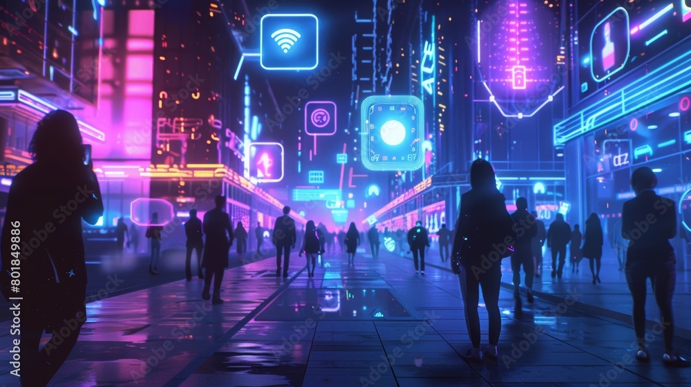 A futuristic cityscape at night, illuminated by neon lights with floating holographic signs pointing towards various pub