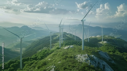 Wind turbines renewable energy, production with clean and renewable energy, view of a wind farm for generating electricity. hyper realistic 