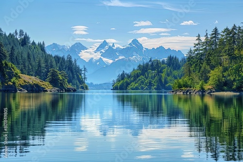 A stunning landscape of the spirit island with towering pine trees and crystal clear waters reflecting majestic mountains photo