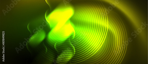A closeup, macro photograph of a blurry image capturing a green and yellow wave pattern resembling terrestrial plant. The liquid appears electric blue against a black background