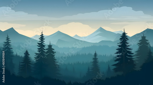 Morning Tranquility, Pine Trees Silhouette, Realistic Mountains Landscape. Vector Background