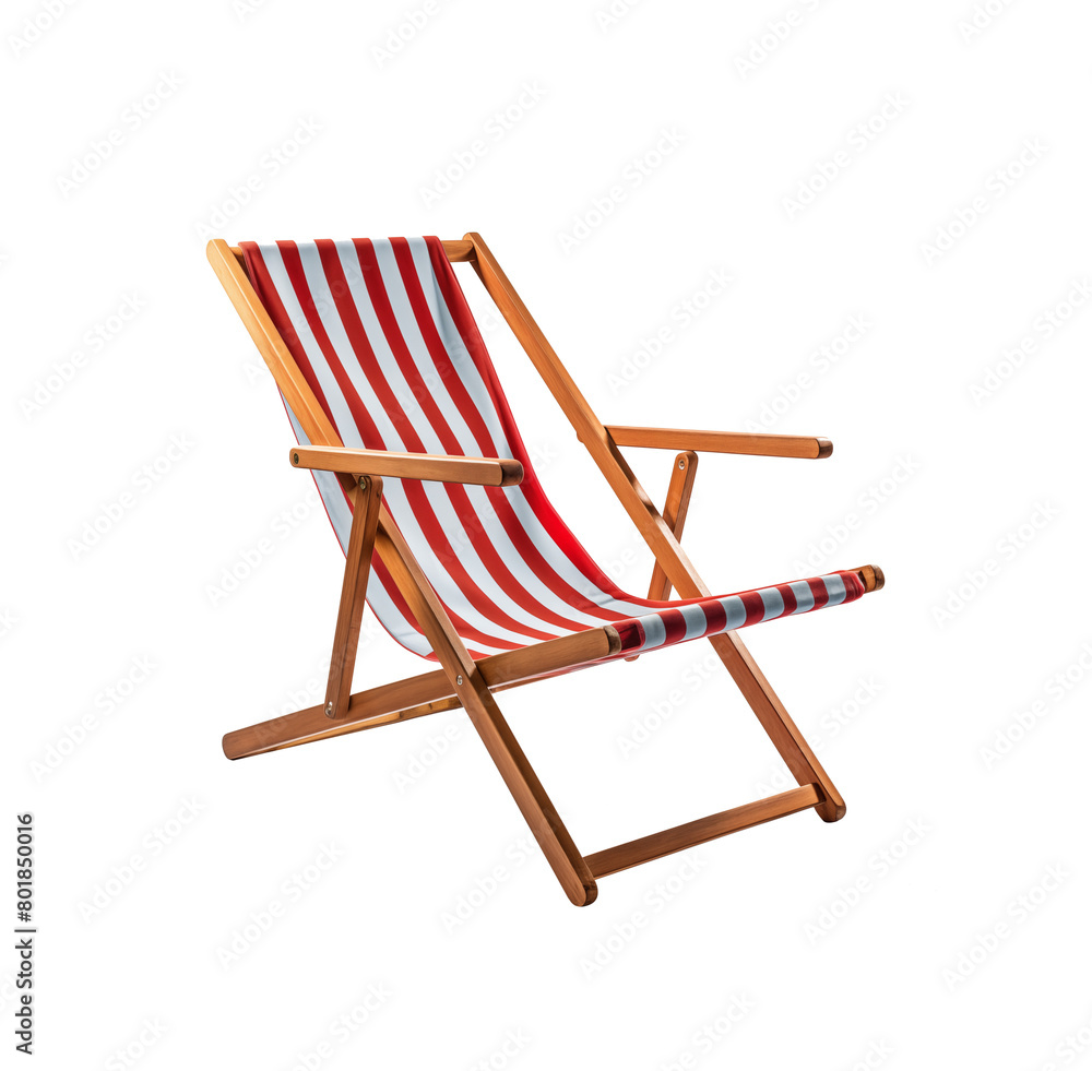 Red and white striped deck beach chair, classic design with wooden frame, isolated on transparent background. Generative AI