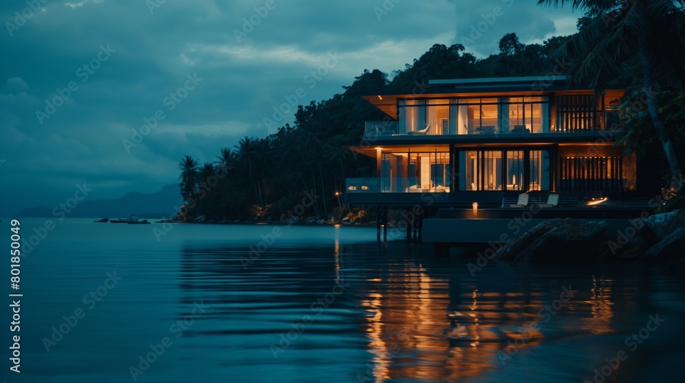 Obraz premium Resort hotel mansion at seaside tranquil ocean sea at night lights reflect on water tropical forest in background