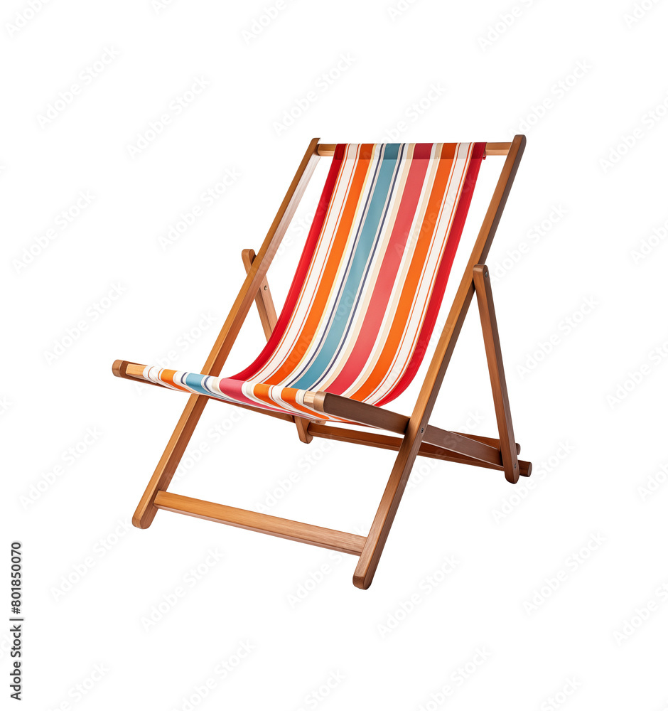 Red and white striped deck beach chair, classic design with wooden frame, isolated on transparent background. Generative AI