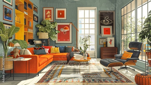 Eclectic Living Room Unique Style: An illustration showcasing an eclectic living room with a unique style © MAY