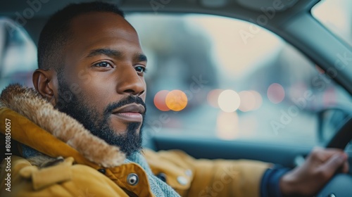 Contemplative African American man driving in the city at dusk, focused and thoughtful, reflecting personal growth and life's journey, Concept of ambition and determination. photo