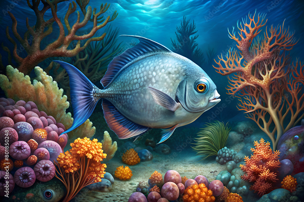 Fototapeta premium pomfret fish surrounded by beautiful coral