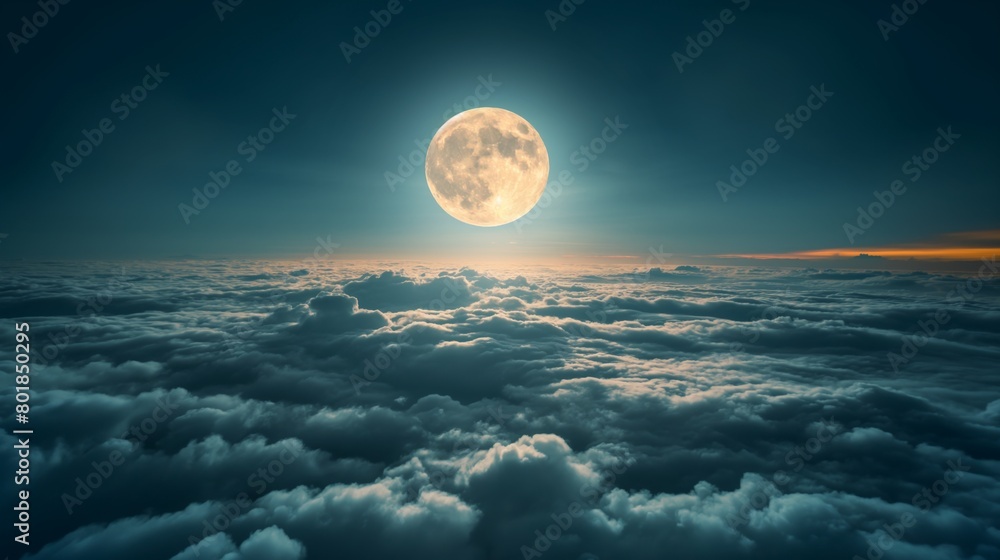 Full moon in midnight warm lights shine on sea of clouds