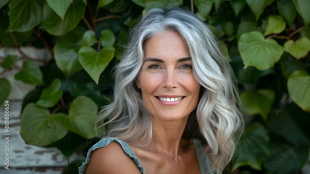 Mature woman with gray hair smiling against green leaves background. Concept Portrait Photography, Elderly Model, Natural Beauty, Greenery Background, Gray Hair Mature woman with gray hair smiling against green leaves background. Concept Portrait Photography, Elderly Model, Natural Beauty, Greenery Background, Gray Hair