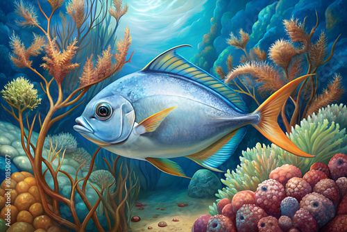 pompano fish surrounded by beautiful coral photo