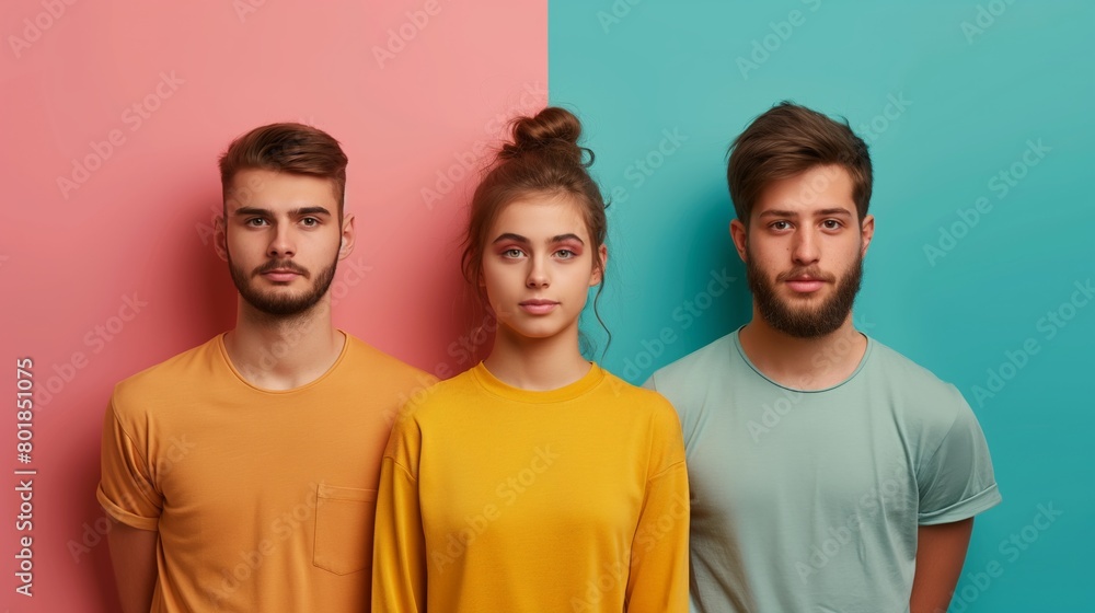 Young girl with two young man stands near colorful wall looking at camera male female Caucasian Young girl with two young man stands near colorful wall looking at camera male female Caucasian