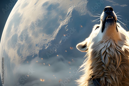 Howling at the moon is a white wolf. The artwork should use stylised motifs and exaggerated proportions to convey the scene's mystique and charm. photo