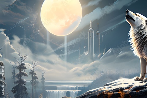 landscape with snow and trees, Howling at the moon is a white wolf. The artwork should use stylised motifs and exaggerated proportions to convey the scene's mystique and charm.