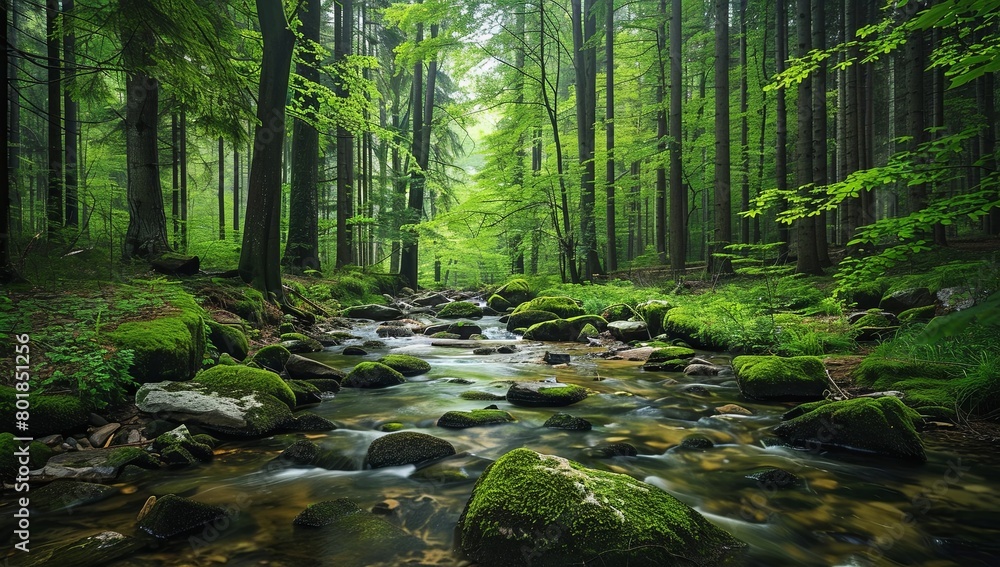 Beautiful forest with green trees and rocks in the stream