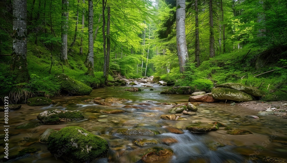 Fototapeta premium Beautiful forest with green trees and rocks in the stream