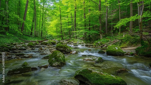 Beautiful forest with green trees and rocks in the stream