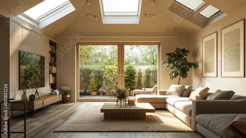 Natural Light Skylights  A 3D illustration highlighting a living room with skylights