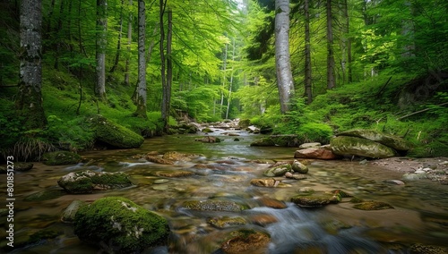 Beautiful forest with green trees and rocks in the stream