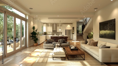 Open Concept Living Room Seamless Transitions: A 3D image depicting an open-concept living room