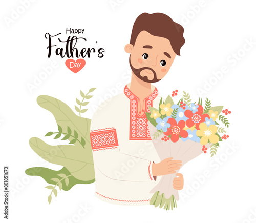 Happy Father's Day card. Ukrainian bearded man in traditional embroidered clothes, vyshyvanka with bouquet flowers. Festive nation male character. Vector illustration