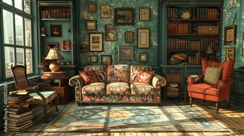 Vintage Living Room Nostalgic Atmosphere: A 3D illustration showcasing a vintage living room with a nostalgic atmosphere