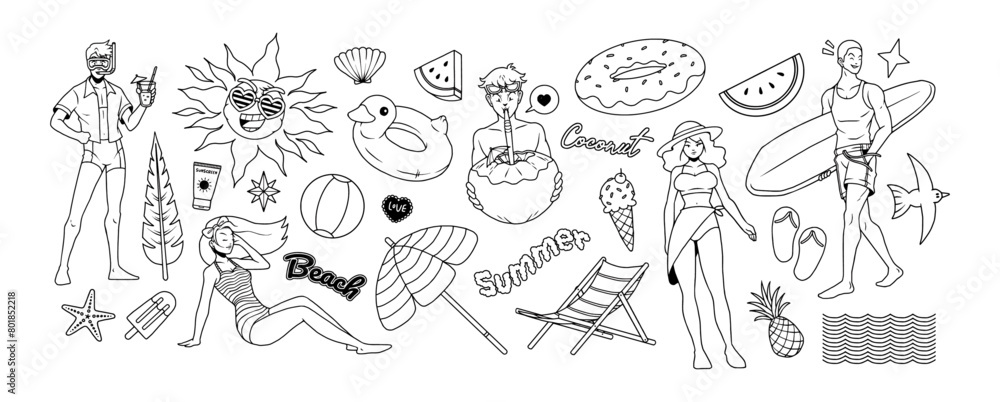 Set of summer time illustration, hand drawn lines cartoon, black&white, summer elements, vector, beach, human, people, watermelon, Surfboard, ice cream, sun, coconut, beach umbrella, hello summer