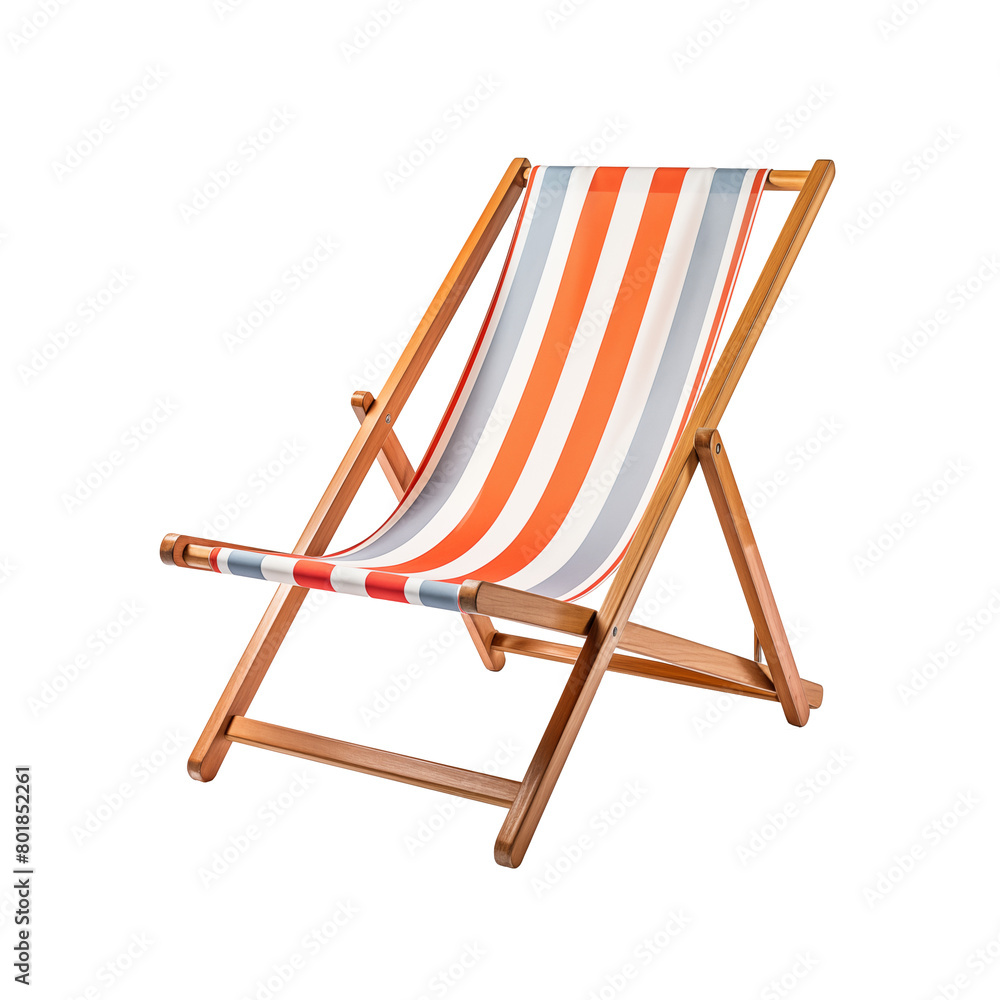 Red and white striped deck beach chair, classic design with wooden frame, isolated on transparent background. Generative AI